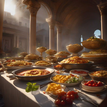 Roman feast with lots of food and drinkの素材