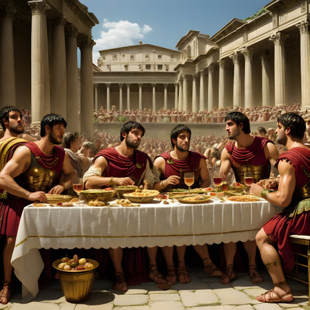 Roman feast with lots of food and drinkの素材