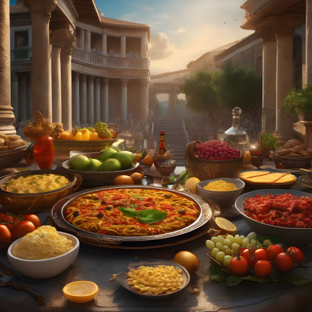 Roman feast with lots of food and drinkの素材