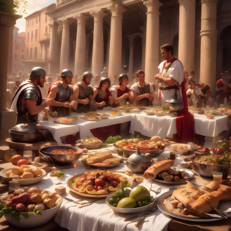Roman feast with lots of food and drinkの素材