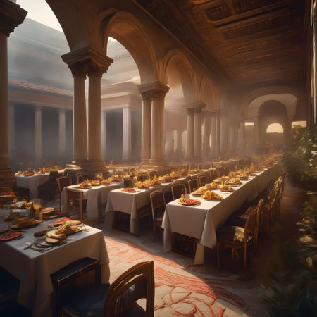 Roman feast with lots of food and drinkの素材