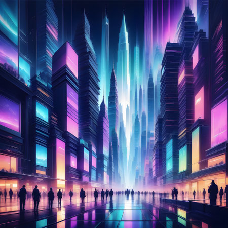 Huge metropolis with skyscrapers and streets in neon lightの素材