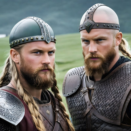 wild Vikings with helmets and weapons from the northの素材