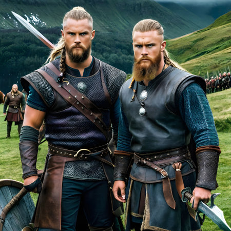 wild Vikings with helmets and weapons from the northの素材