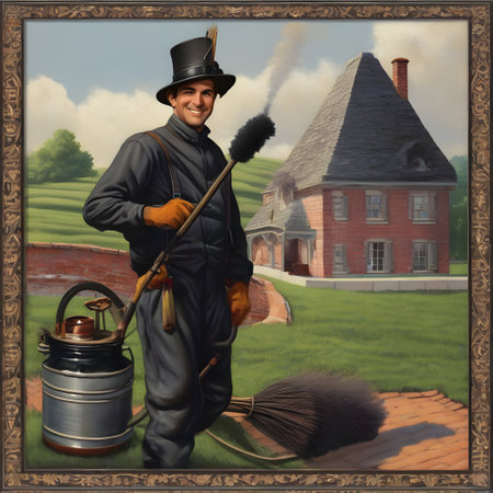 Chimney sweep in black uniform on the roofの素材