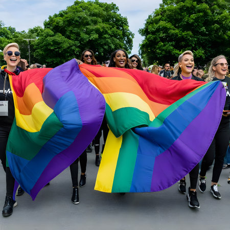 lgbtq+ community with diverse people of all races at the festival with colorful rainbow colorsの素材
