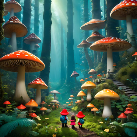 little people in the huge enchanted mushroom forestの素材