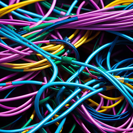 a mountain of colorful cables lie jumbled on the floorの素材