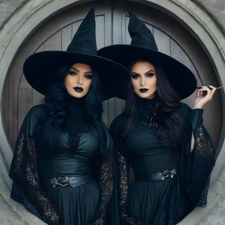 Witches with pointed hats and brooms perform their magicの素材