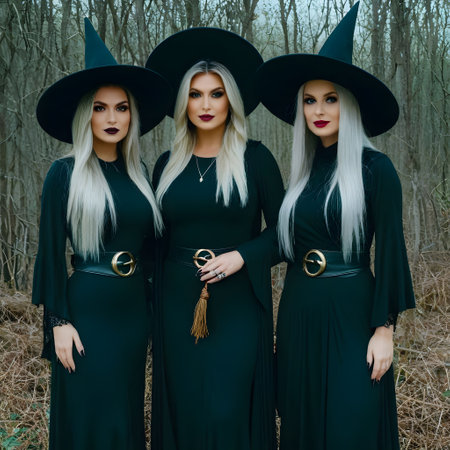 Witches with pointed hats and brooms perform their magicの素材