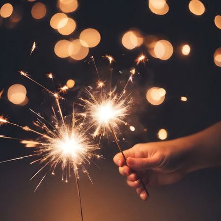 People burn sparklers in the evening to celebrateの素材