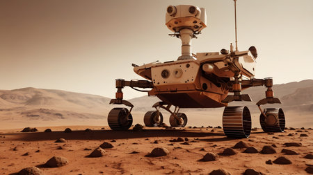 The Mars rover examines the red planetの素材