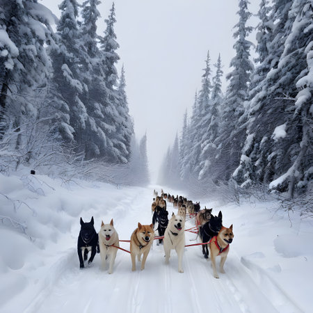 Dog team pulls a sleigh in the depths of Alaskaの素材