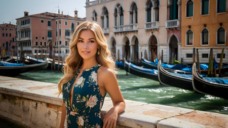 Old town of Venice with buildings and bridges and beautiful tourist womenの素材