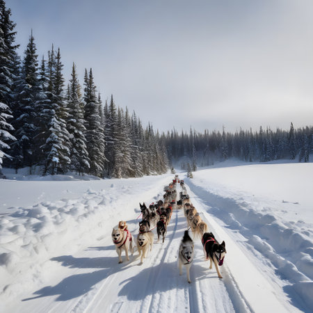 Dog team pulls a sleigh in the depths of Alaskaの素材