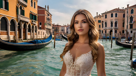 Old town of Venice with buildings and bridges and beautiful tourist womenの素材