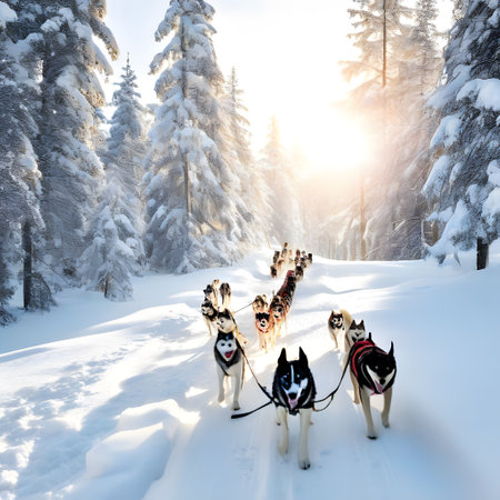 Dog team pulls a sleigh in the depths of Alaskaの素材