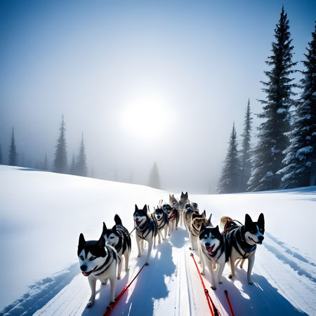 Dog team pulls a sleigh in the depths of Alaskaの素材