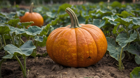 yellow and ripe pumpkins in the field ready for harvestの素材