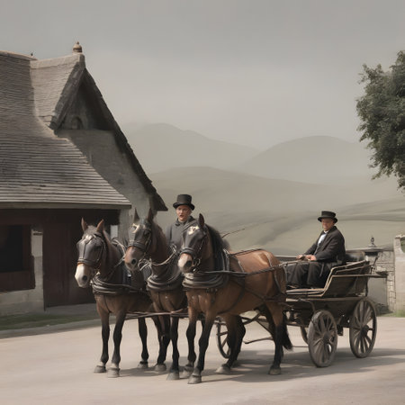 Beautiful horses in a team pull a carriageの素材