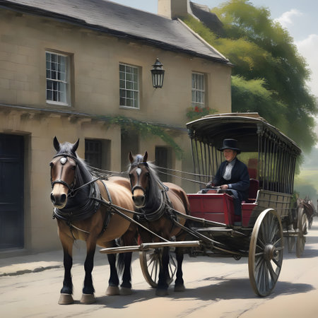 Beautiful horses in a team pull a carriageの素材