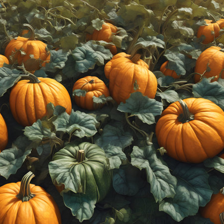yellow and ripe pumpkins in the field ready for harvestの素材