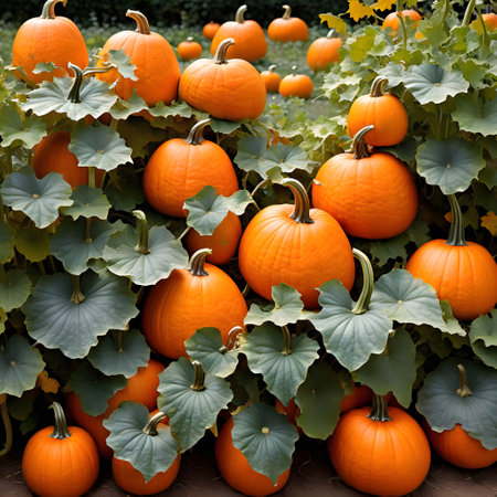 yellow and ripe pumpkins in the field ready for harvestの素材