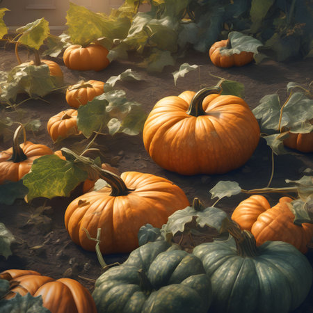 yellow and ripe pumpkins in the field ready for harvestの素材