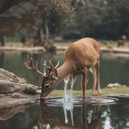 Deer stands at the waterhole in the forest clearing and drinkingの素材