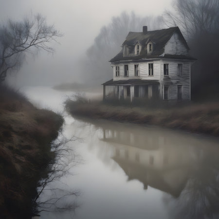 a peaceful flowing river in nature with an old house at the landの素材