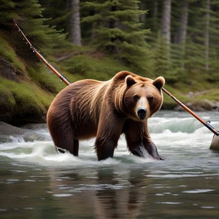 wild brown bear stands in the river and catches salmonの素材