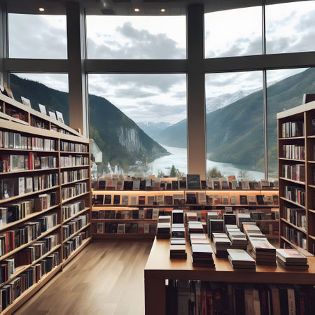 large vintage bookstore with countless books on the shelves and panoramic views of the beautiful countrysideの素材