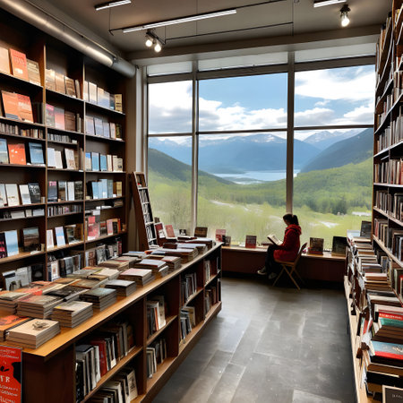 large vintage bookstore with countless books on the shelves and panoramic views of the beautiful countrysideの素材