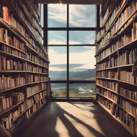 large vintage bookstore with countless books on the shelves and panoramic views of the beautiful countrysideの素材