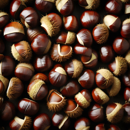 Brown shiny chestnuts for crafts and as medicine in autumnの素材