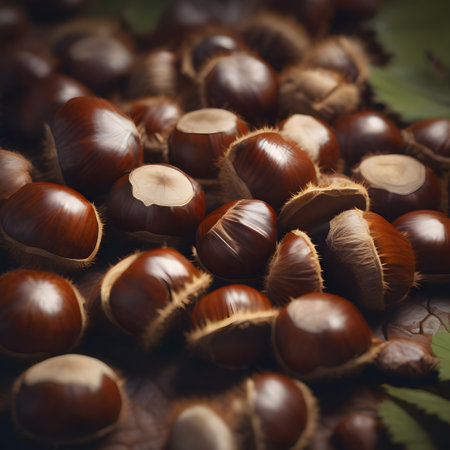 Brown shiny chestnuts for crafts and as medicine in autumnの素材