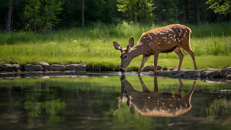 Deer stands at the waterhole in the forest clearing and drinkingの素材