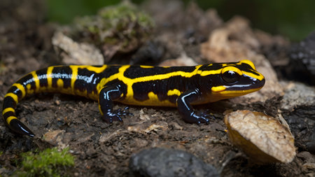 yellow black fire salamander crawls through the damp grassの素材