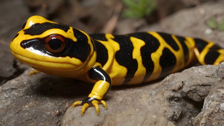 yellow black fire salamander crawls through the damp grassの素材