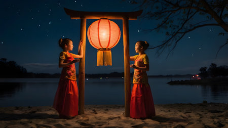Chinese paper lanterns fly and light up the night skyの素材