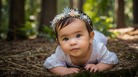 Dots of light glitter in the dark forest between the shows in the treetopsの素材