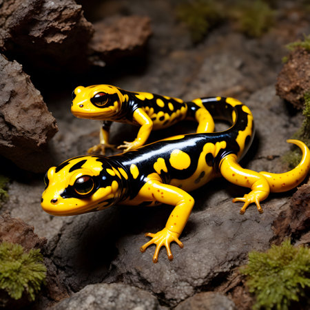 yellow black fire salamander crawls through the damp grassの素材