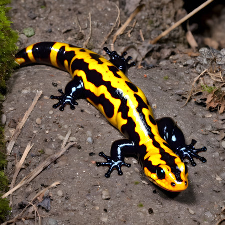 yellow black fire salamander crawls through the damp grassの素材