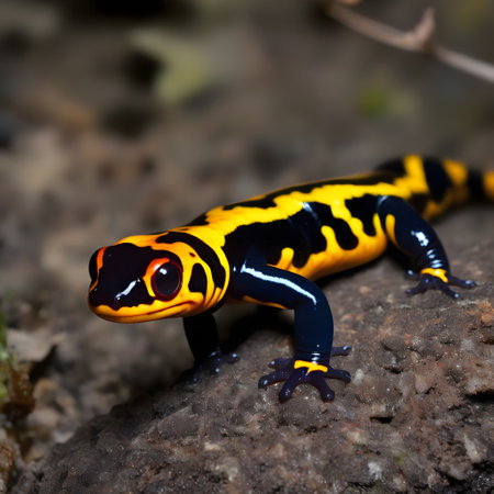 yellow black fire salamander crawls through the damp grassの素材
