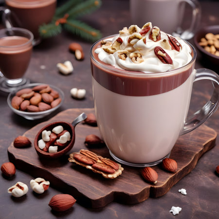 delicious hot chocolate with cream, nuts in a glassの素材