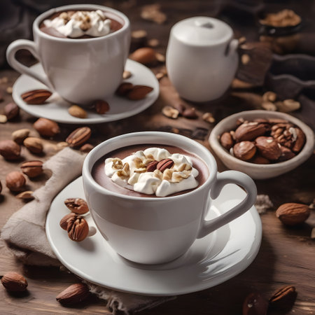 delicious hot chocolate with cream, nuts in a glassの素材