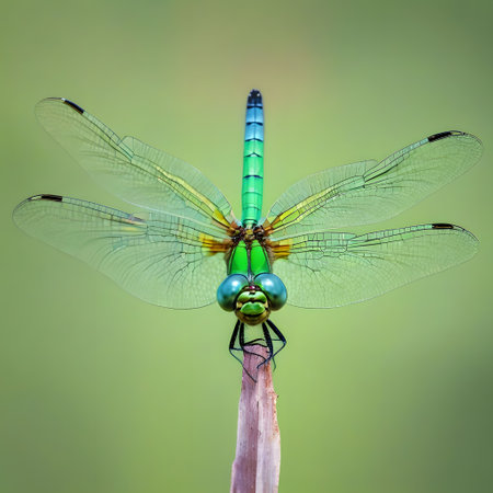 Beautiful dragonfly sits in the garden and sunbathesの素材