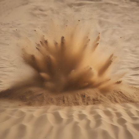 A powerful explosion in the sand drives it away in all directionsの素材