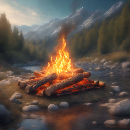 Campfire at the river while campingの素材