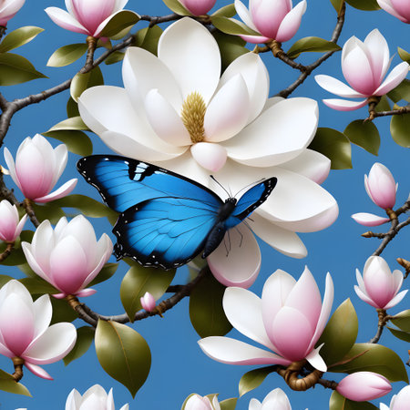 Beautiful colorful butterfly sits on flowers of the magnolia treeの素材